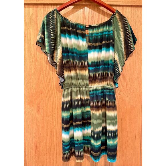 Green Flowy Mini Dress Boho Babydoll Tunic Dress Womens Hippie Hipster - Picture 2 of 10